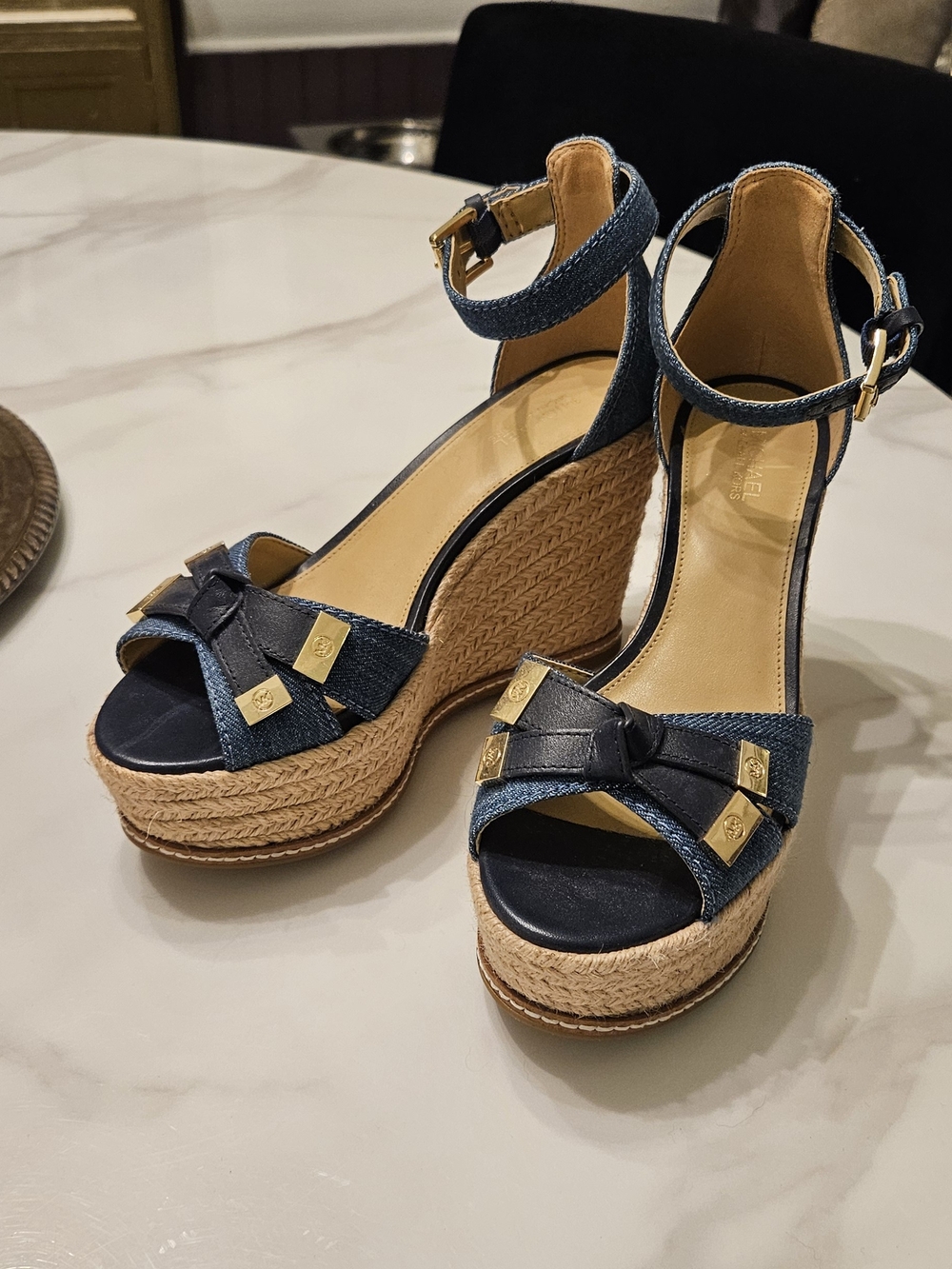 MICHAEL Michael Kors Navy Denim & Tan Jute Wedge Sandals with Gold Hardware
